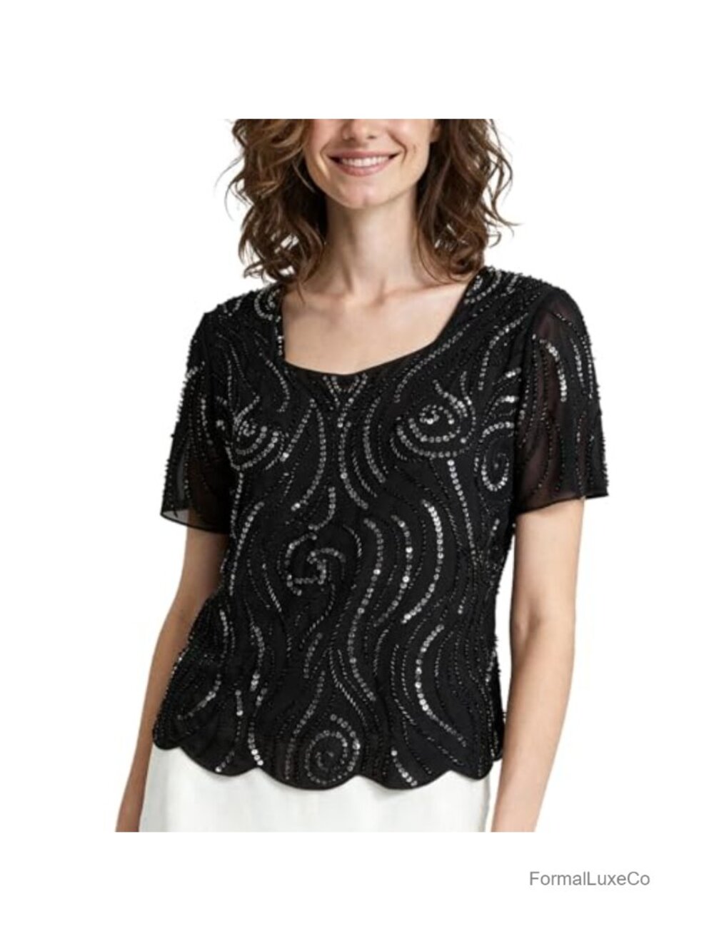 Beaded Sequin Tunic Top Boat Neck Sparkly Party Blouse